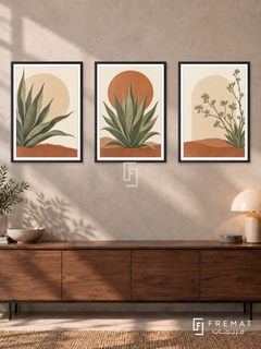 Desert Agave — set of three complementary boho artworks in Black frames, shown at 50×70 cm each.