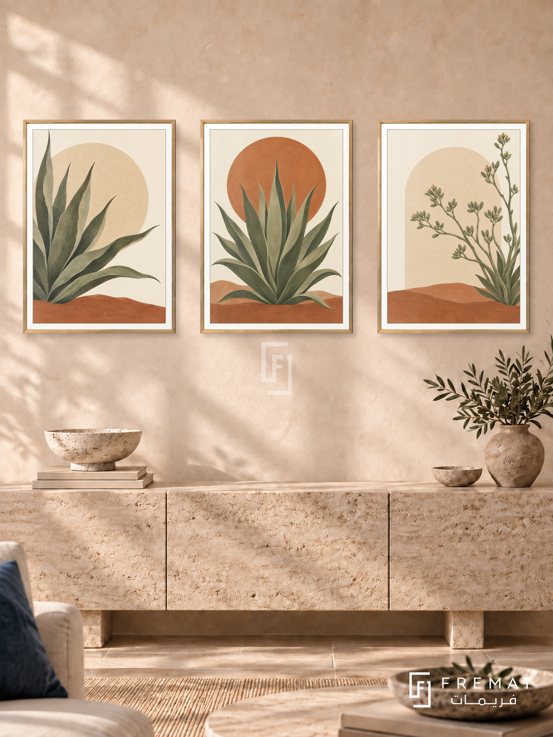 Desert Agave — set of three complementary boho artworks in Gold frames, shown at 50×70 cm each.