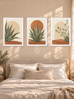Desert Agave — set of three complementary boho artworks in White frames, shown at 50×70 cm each.