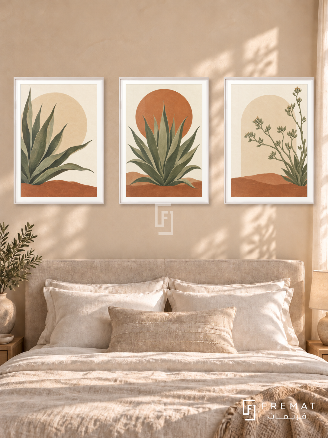 Desert Agave — set of three complementary boho artworks in White frames, shown at 50×70 cm each.