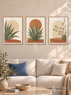 Desert Agave — set of three complementary boho artworks in Wooden Texture frames, shown at 50×70 cm each.