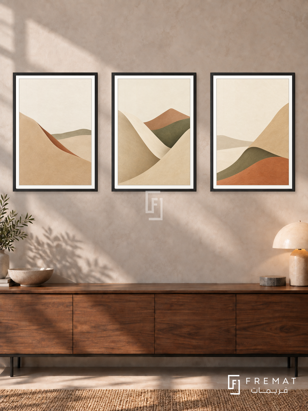 Horizon Folds — set of three complementary boho artworks in Black frames, shown at 50×70 cm each.