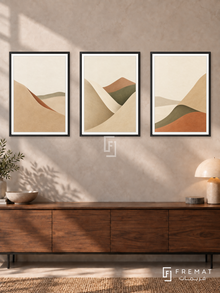 Horizon Folds — set of three complementary boho artworks in Black frames, shown at 50×70 cm each.