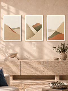 Horizon Folds — set of three complementary boho artworks in Gold frames, shown at 50×70 cm each.