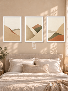 Horizon Folds — set of three complementary boho artworks in White frames, shown at 50×70 cm each.