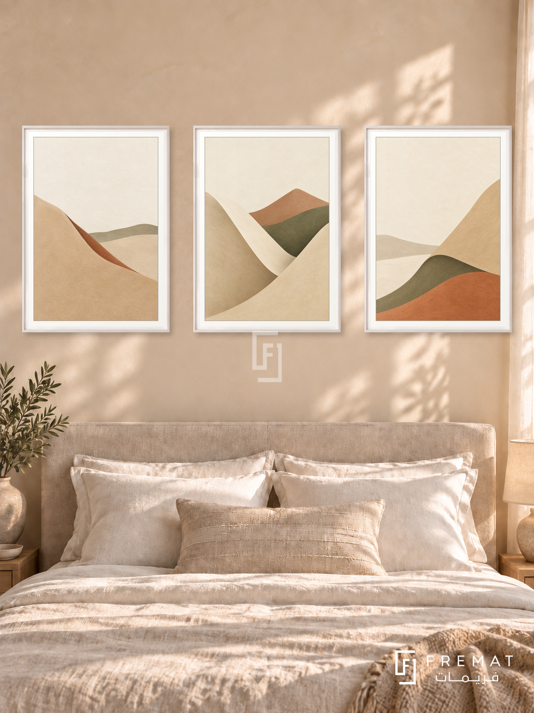 Horizon Folds — set of three complementary boho artworks in White frames, shown at 50×70 cm each.