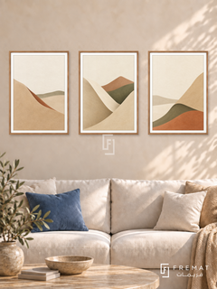 Horizon Folds — set of three complementary boho artworks in Wooden Texture frames, shown at 50×70 cm each.
