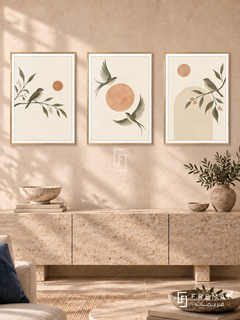 Quiet Wings — set of three complementary boho artworks in Gold frames, shown at 50×70 cm each.