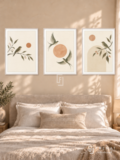 Quiet Wings — set of three complementary boho artworks in White frames, shown at 50×70 cm each.