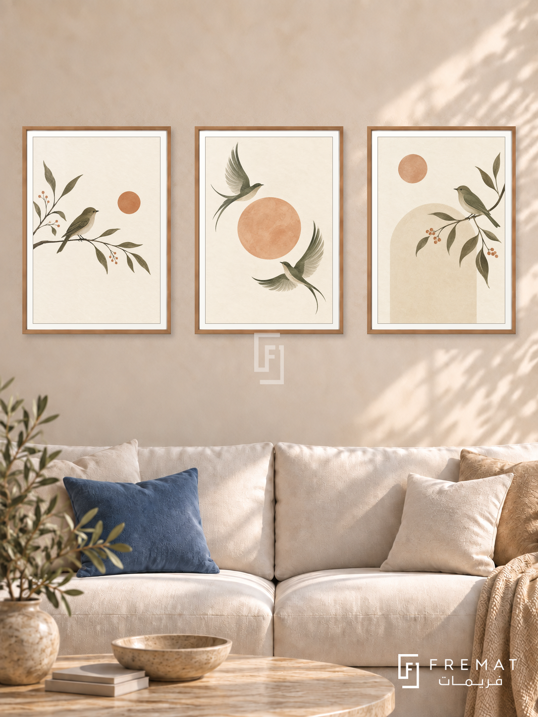 Quiet Wings — set of three complementary boho artworks in Wooden Texture frames, shown at 50×70 cm each.