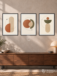 Earth Orbits — set of three complementary boho artworks in Black frames, shown at 50×70 cm each.