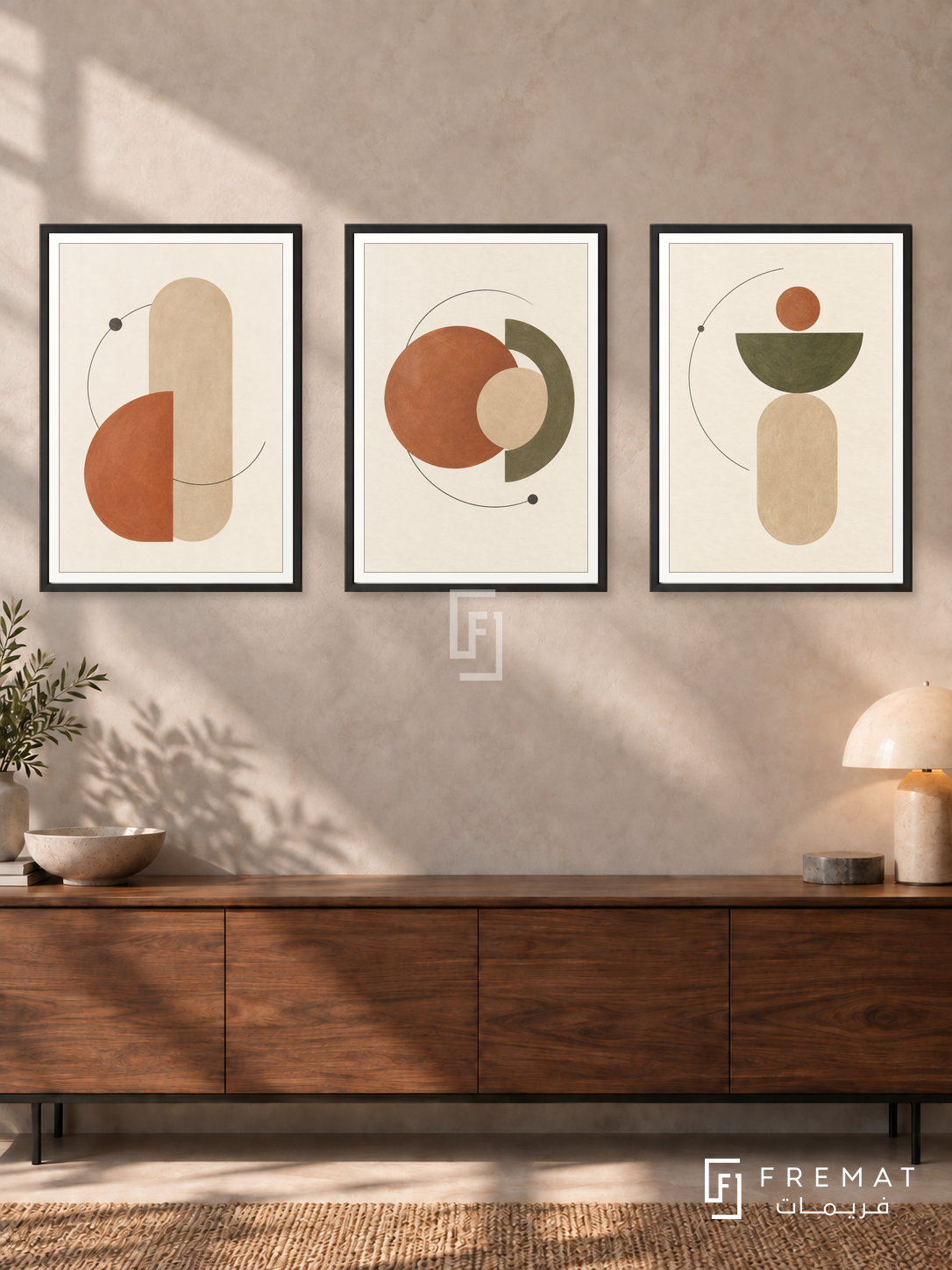 Earth Orbits — set of three complementary boho artworks in Black frames, shown at 50×70 cm each.