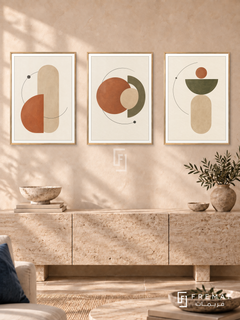 Earth Orbits — set of three complementary boho artworks in Gold frames, shown at 50×70 cm each.