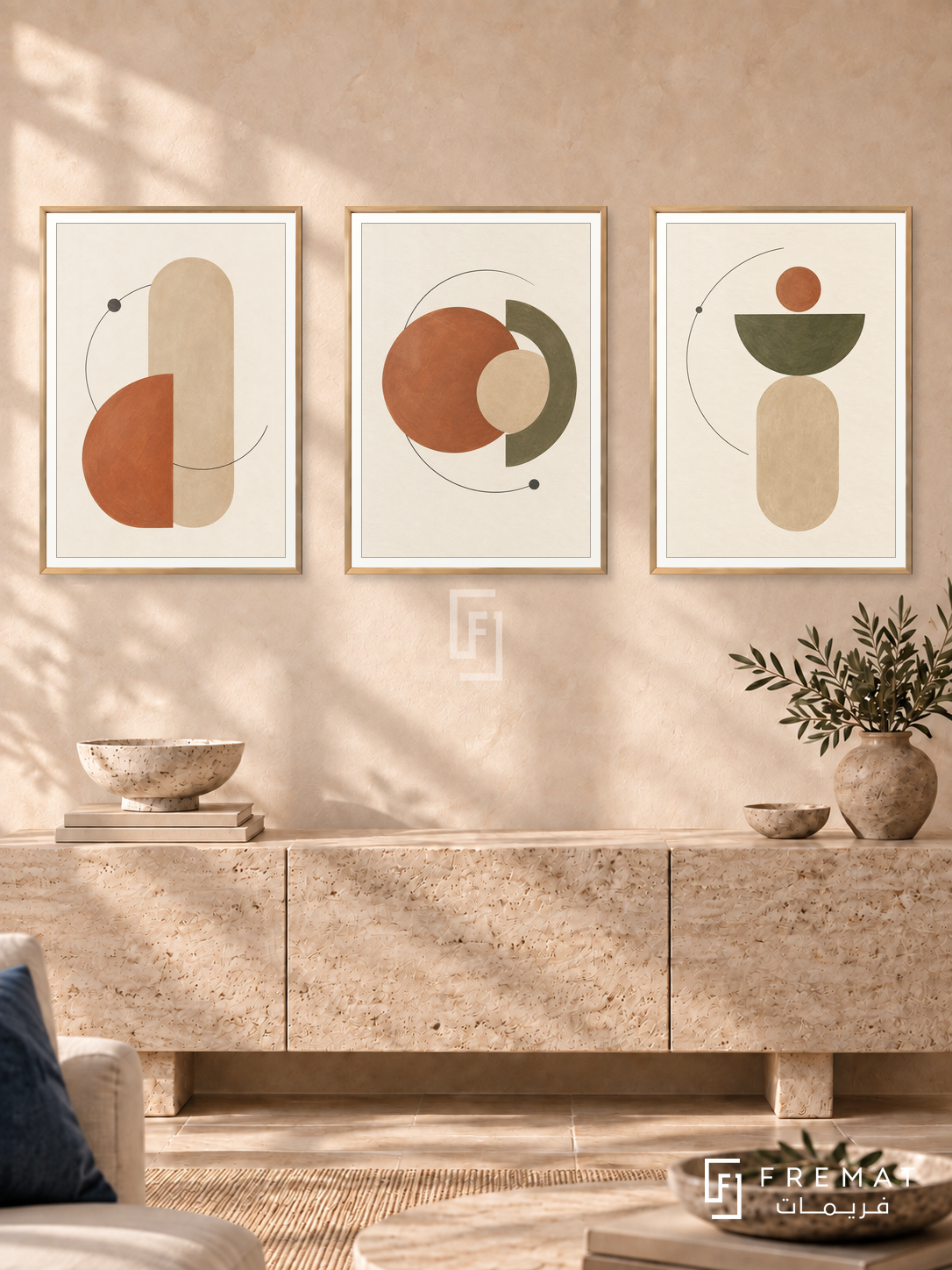 Earth Orbits — set of three complementary boho artworks in Gold frames, shown at 50×70 cm each.
