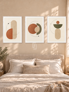 Earth Orbits — set of three complementary boho artworks in White frames, shown at 50×70 cm each.