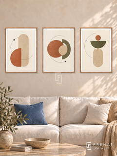 Earth Orbits — set of three complementary boho artworks in Wooden Texture frames, shown at 50×70 cm each.
