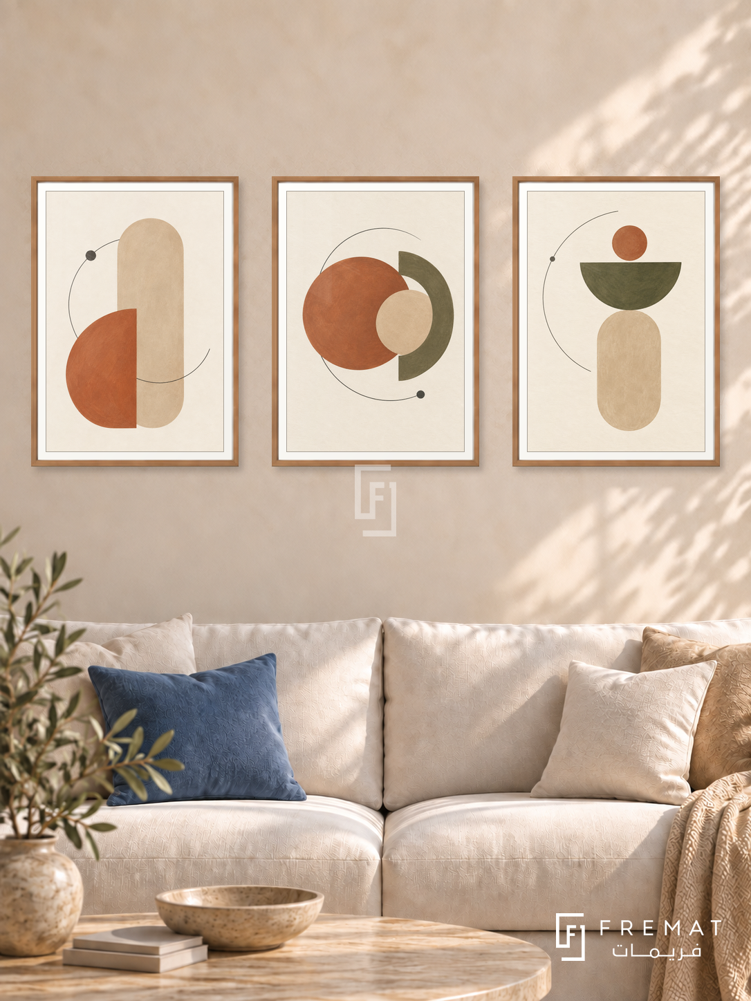 Earth Orbits — set of three complementary boho artworks in Wooden Texture frames, shown at 50×70 cm each.