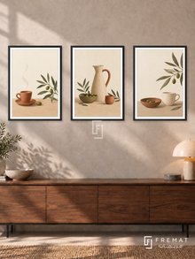 Morning Ritual — set of three complementary boho artworks in Black frames, shown at 50×70 cm each.