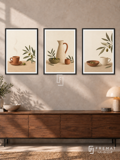 Morning Ritual — set of three complementary boho artworks in Black frames, shown at 50×70 cm each.
