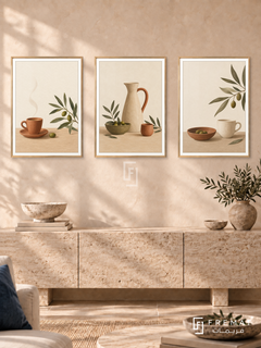 Morning Ritual — set of three complementary boho artworks in Gold frames, shown at 50×70 cm each.