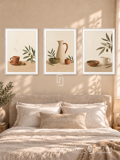 Morning Ritual — set of three complementary boho artworks in White frames, shown at 50×70 cm each.