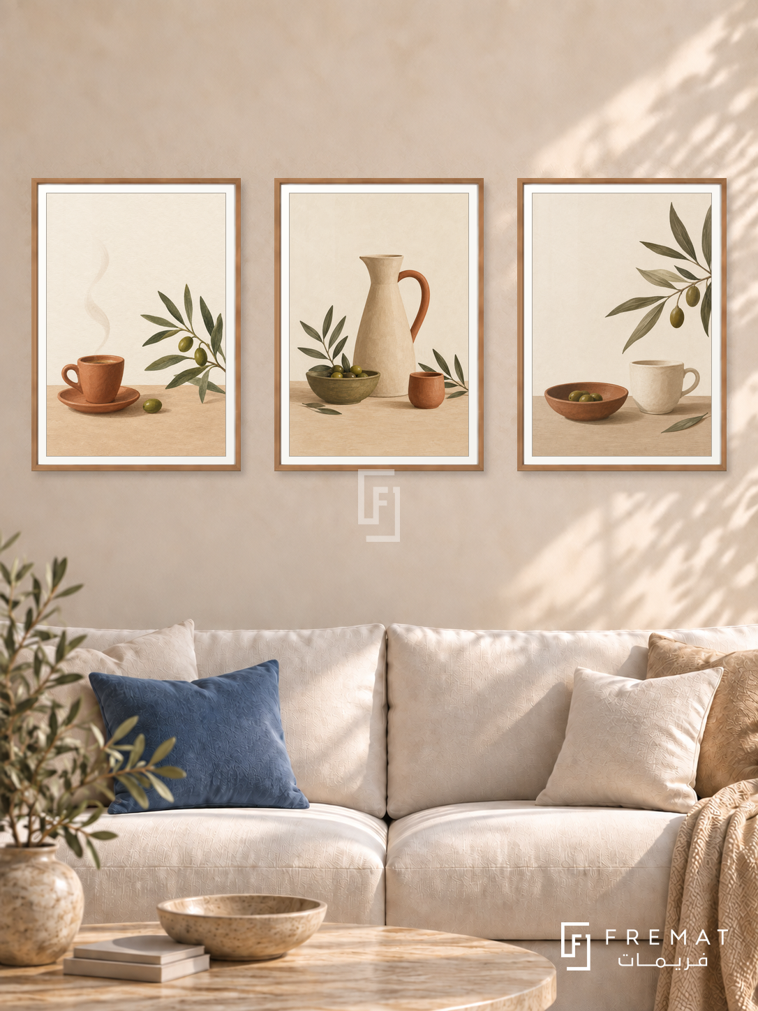 Morning Ritual — set of three complementary boho artworks in Wooden Texture frames, shown at 50×70 cm each.