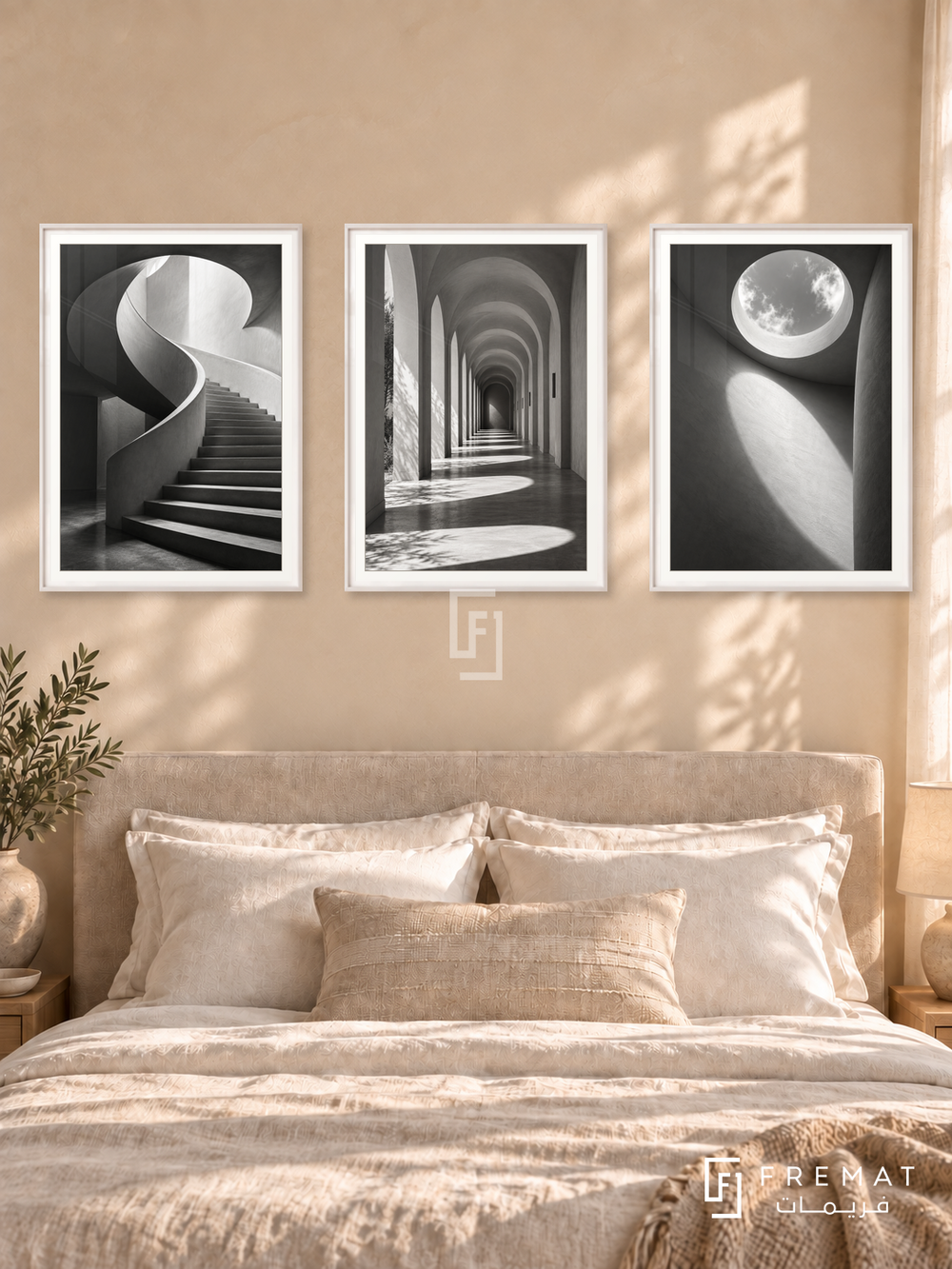 Sculpted Light — set of three complementary black and white artworks in White frames, shown at 50×70 cm each.