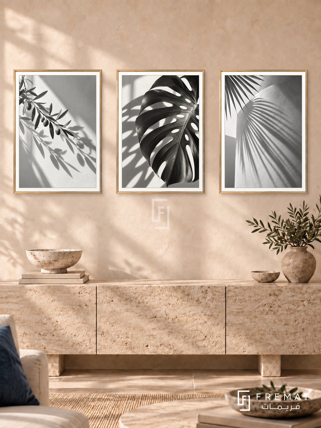 Botanical Shadows — set of three complementary black and white artworks in Gold frames, shown at 50×70 cm each.