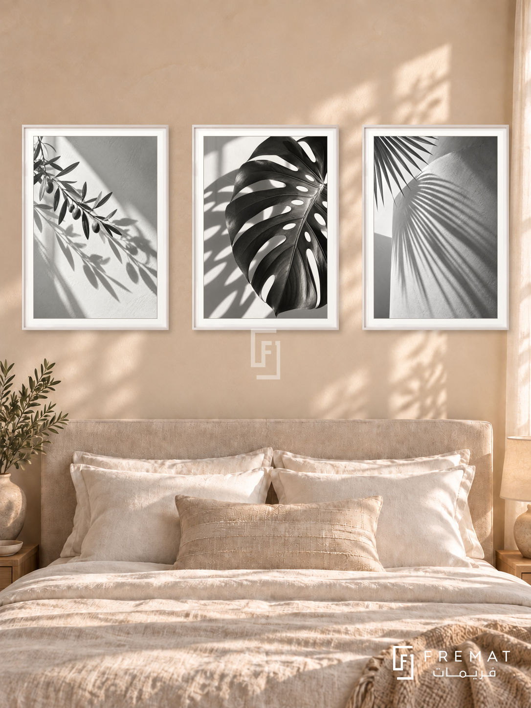 Botanical Shadows — set of three complementary black and white artworks in White frames, shown at 50×70 cm each.