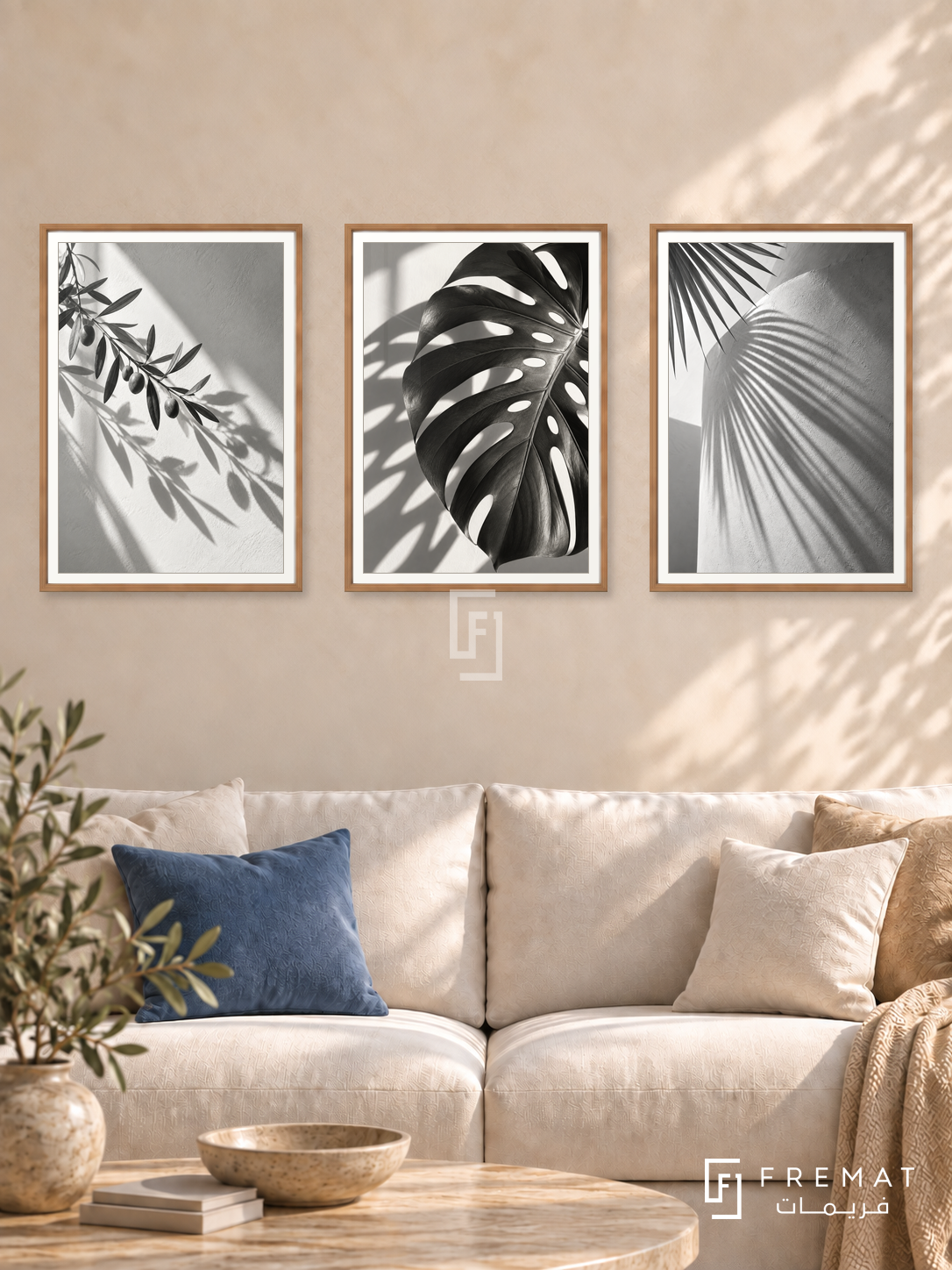 Botanical Shadows — set of three complementary black and white artworks in Wooden Texture frames, shown at 50×70 cm each.