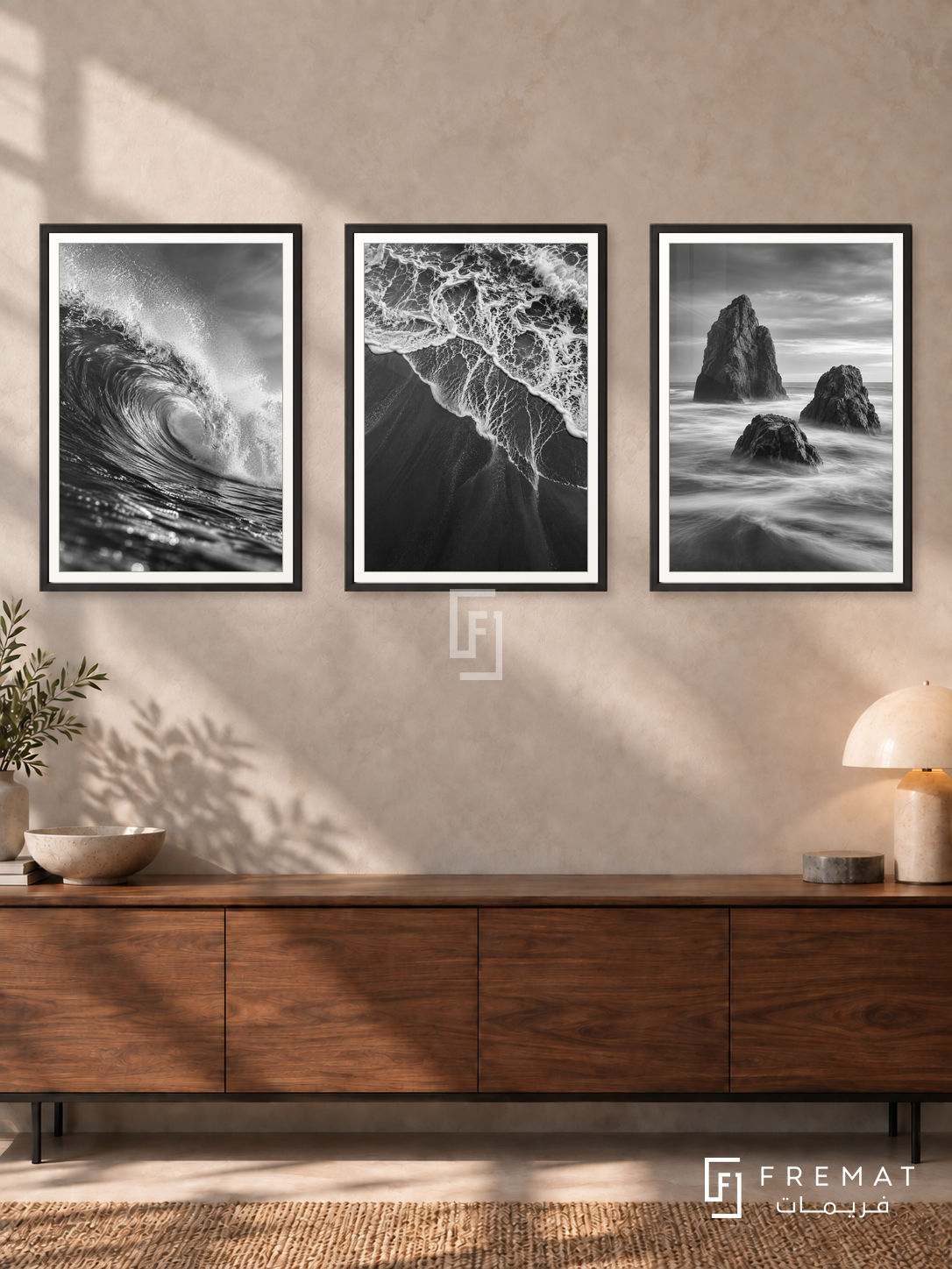 Ocean Rhythm — set of three complementary black and white artworks in Black frames, shown at 50×70 cm each.