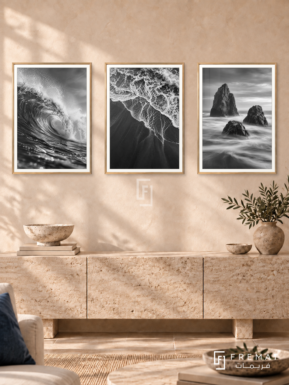 Ocean Rhythm — set of three complementary black and white artworks in Gold frames, shown at 50×70 cm each.