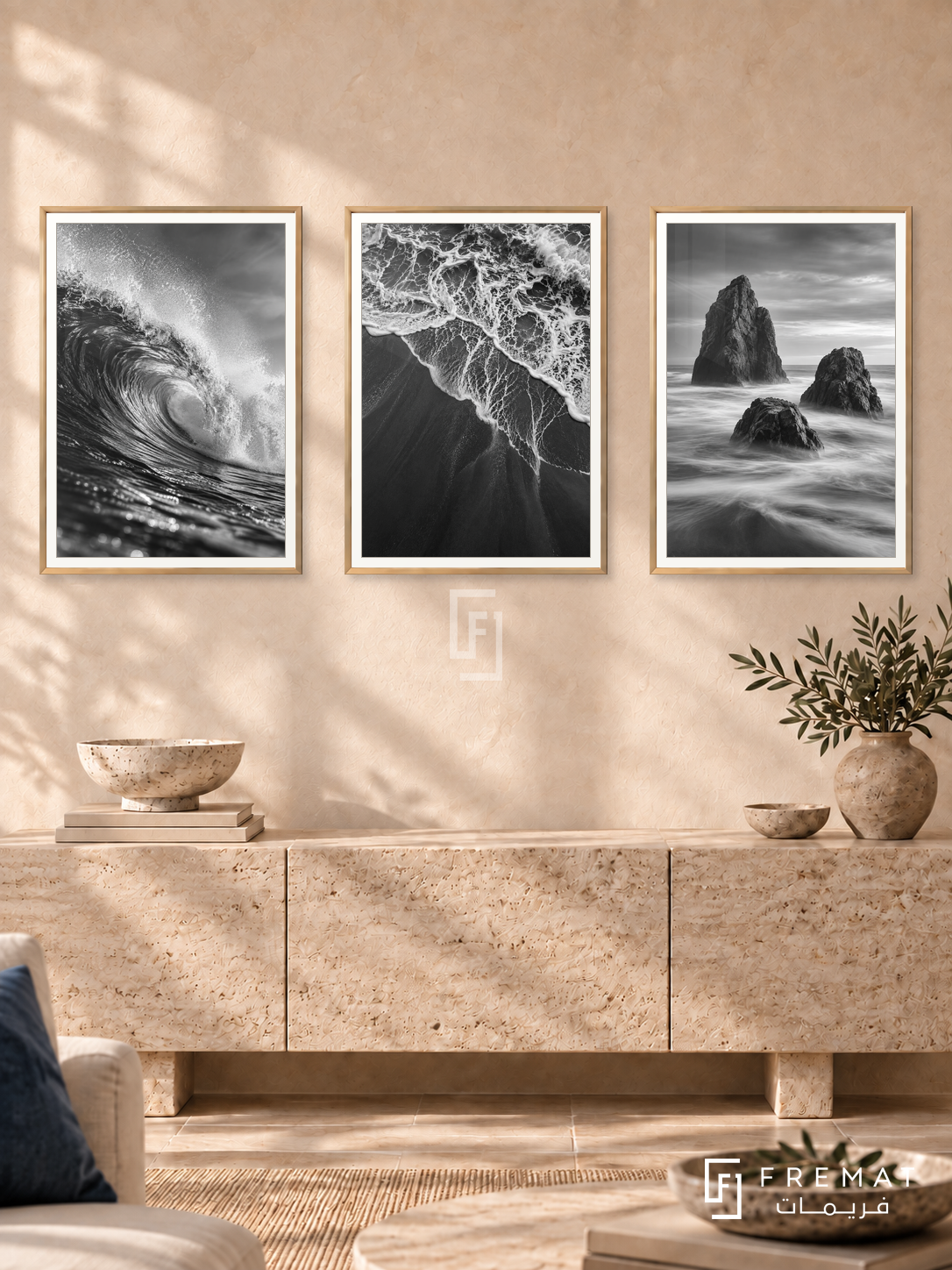 Ocean Rhythm — set of three complementary black and white artworks in Gold frames, shown at 50×70 cm each.