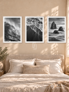Ocean Rhythm — set of three complementary black and white artworks in White frames, shown at 50×70 cm each.