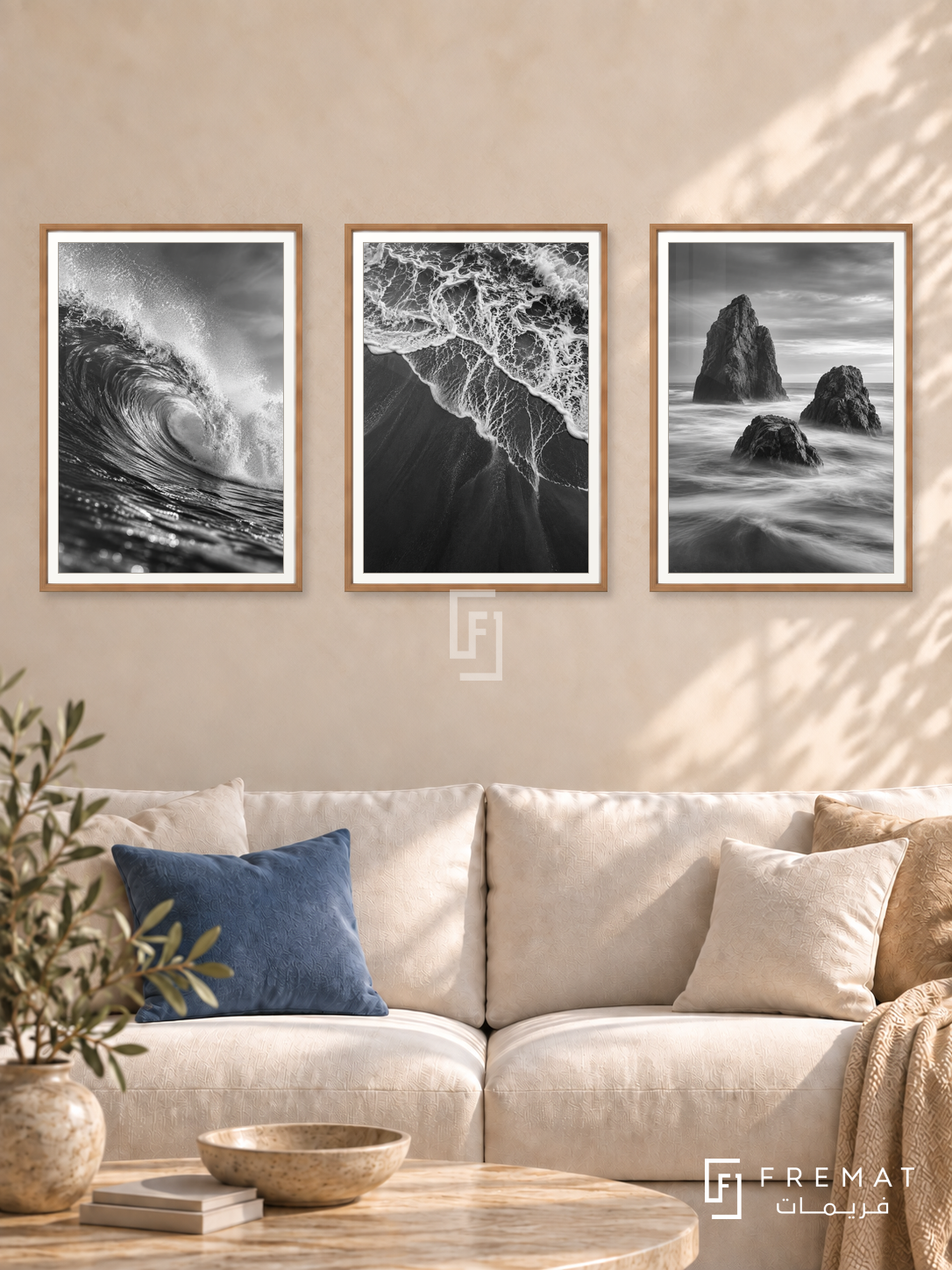 Ocean Rhythm — set of three complementary black and white artworks in Wooden Texture frames, shown at 50×70 cm each.