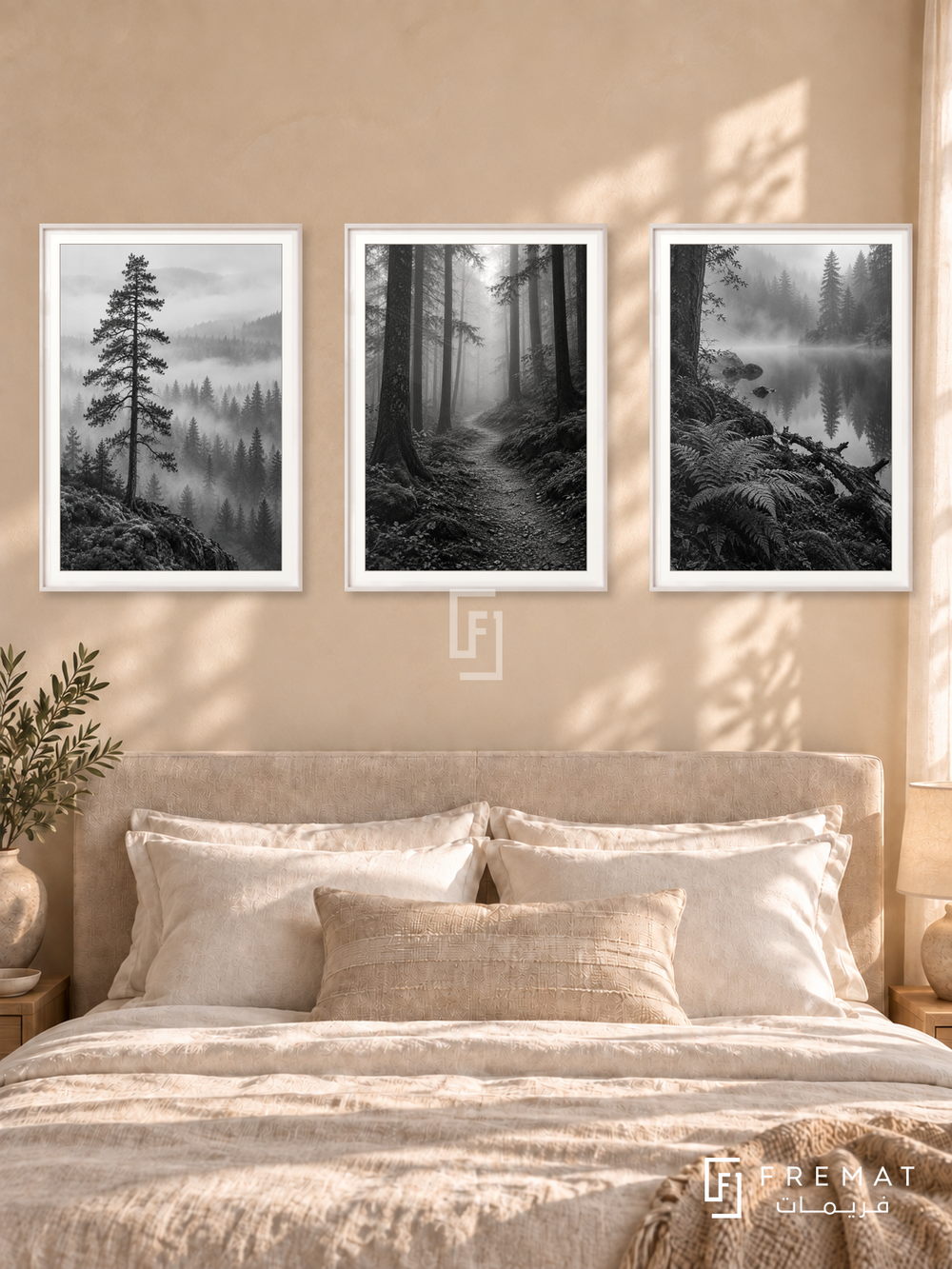 Forest Silence — set of three complementary black and white artworks in White frames, shown at 50×70 cm each.