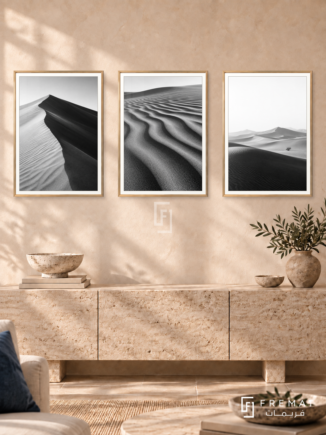 Desert Lines — set of three complementary black and white artworks in Gold frames, shown at 50×70 cm each.