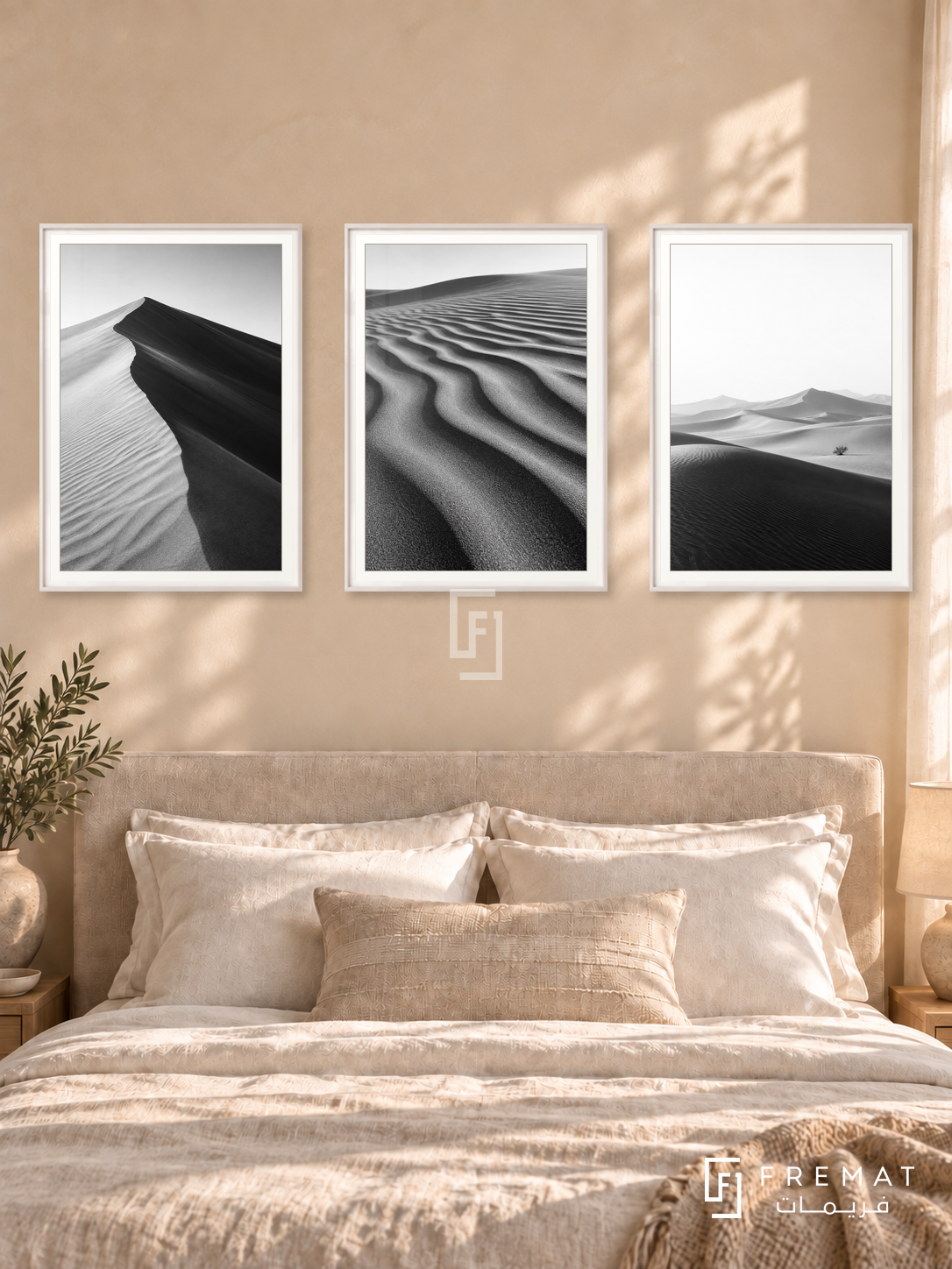 Desert Lines — set of three complementary black and white artworks in White frames, shown at 50×70 cm each.
