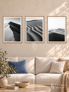 Desert Lines — set of three complementary black and white artworks in Wooden Texture frames, shown at 50×70 cm each.