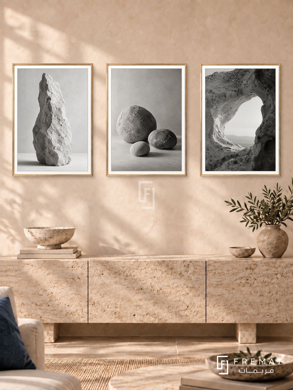 Stone And Time — set of three complementary black and white artworks in Gold frames, shown at 50×70 cm each.
