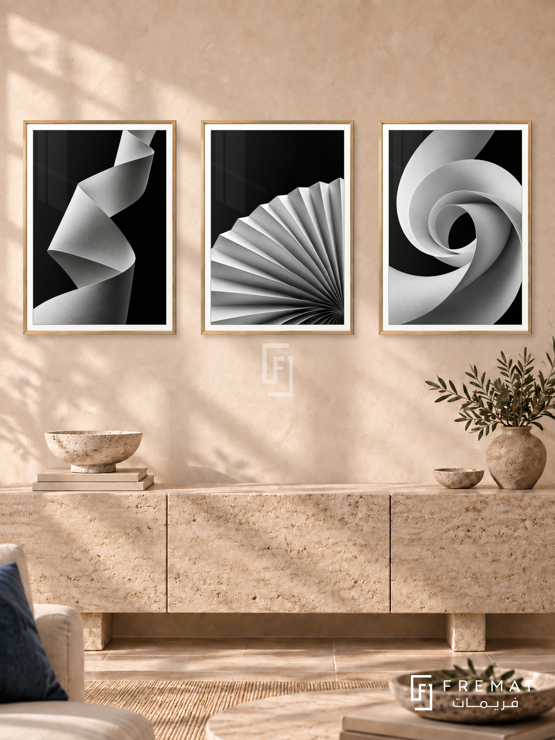 Paper Poetry — set of three complementary black and white artworks in Gold frames, shown at 50×70 cm each.