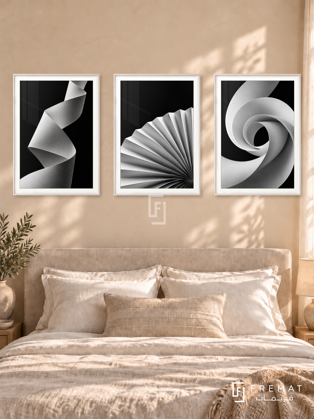 Paper Poetry — set of three complementary black and white artworks in White frames, shown at 50×70 cm each.