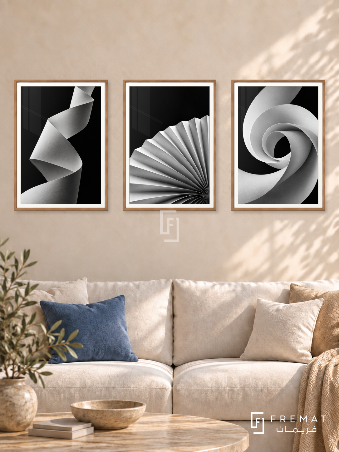 Paper Poetry — set of three complementary black and white artworks in Wooden Texture frames, shown at 50×70 cm each.