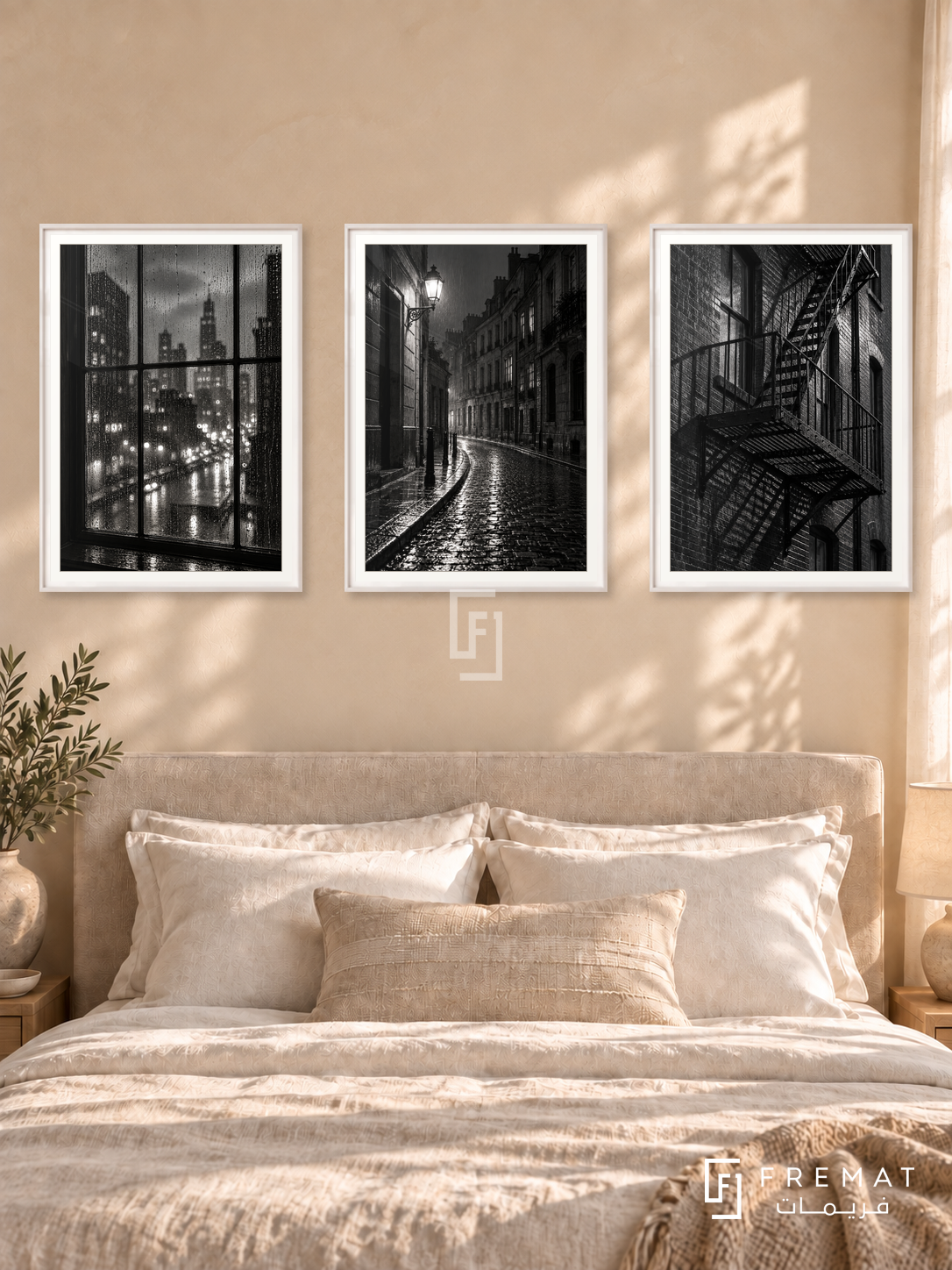 Urban Rain — set of three complementary black and white artworks in White frames, shown at 50×70 cm each.
