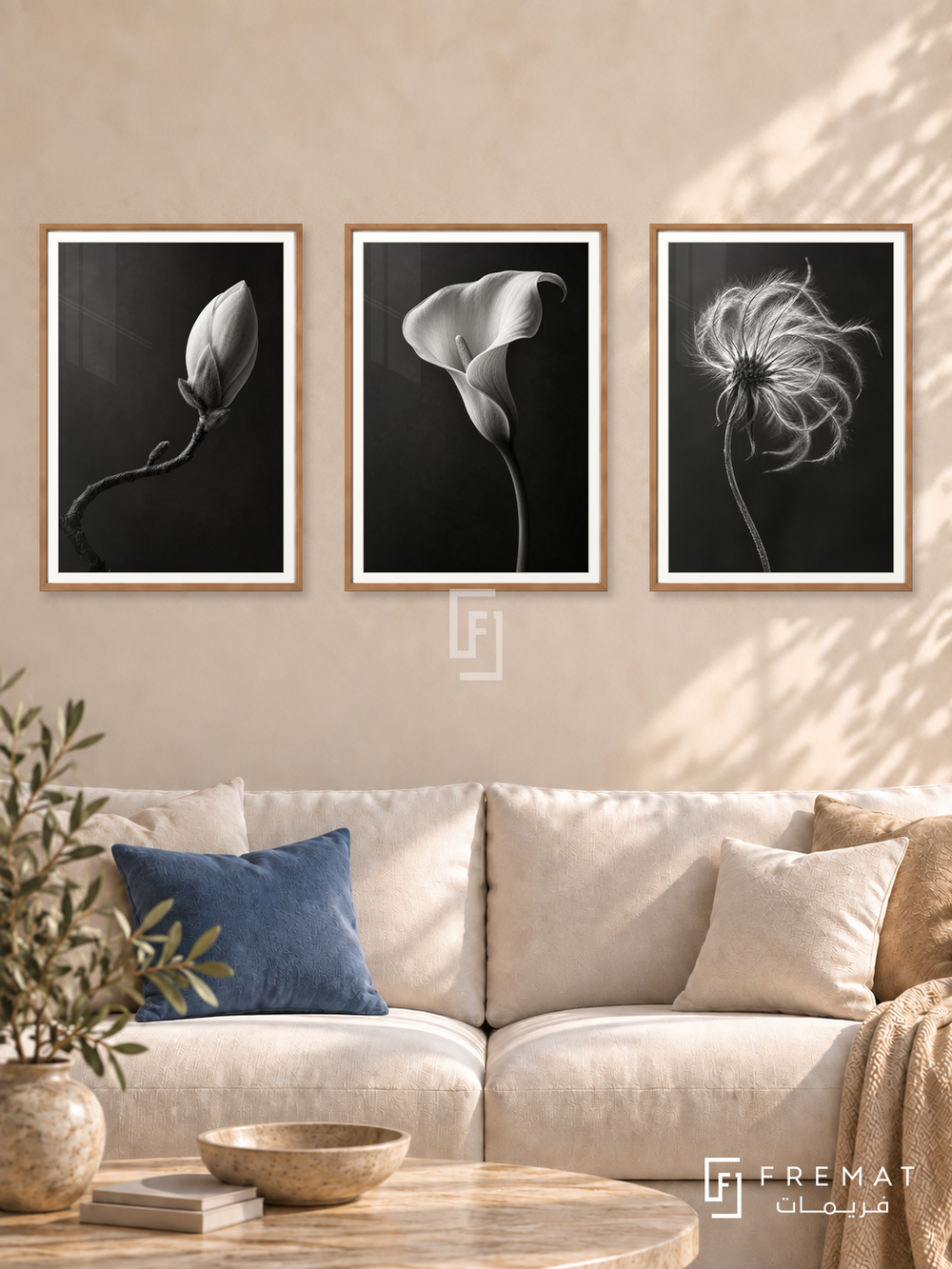 Petal Gesture — set of three complementary black and white artworks in Wooden Texture frames, shown at 50×70 cm each.