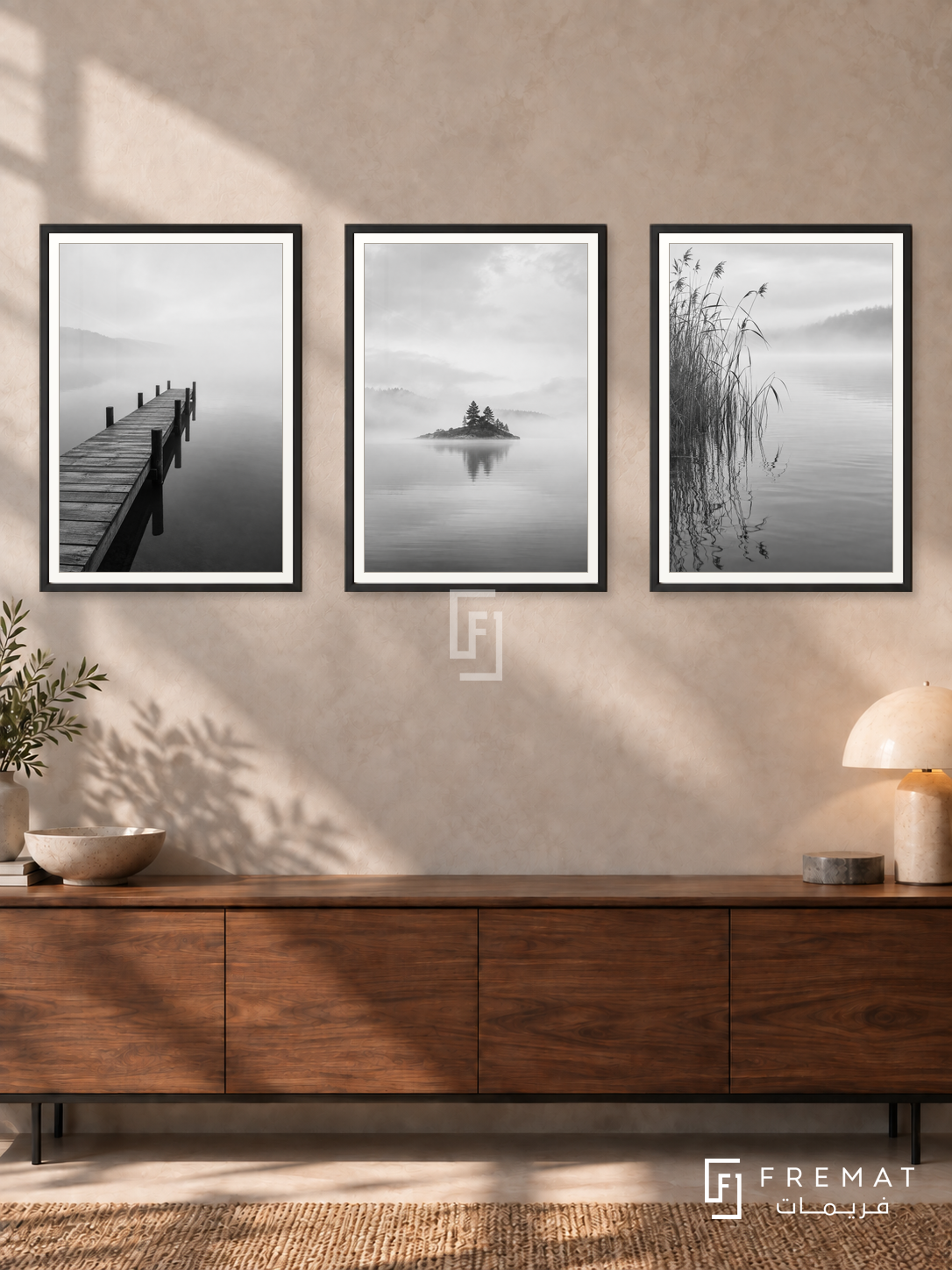 Quiet Horizons — set of three complementary black and white artworks in Black frames, shown at 50×70 cm each.