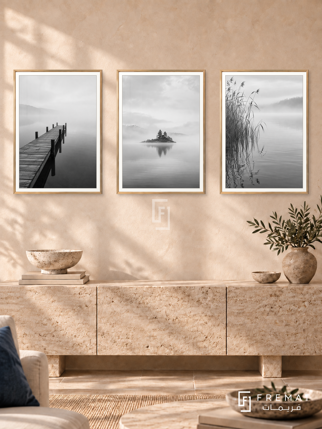 Quiet Horizons — set of three complementary black and white artworks in Gold frames, shown at 50×70 cm each.
