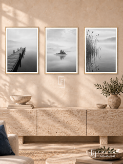 Quiet Horizons — set of three complementary black and white artworks in Gold frames, shown at 50×70 cm each.