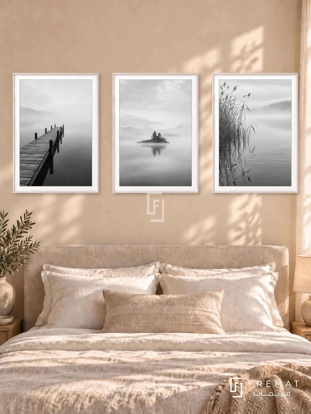 Quiet Horizons — set of three complementary black and white artworks in White frames, shown at 50×70 cm each.