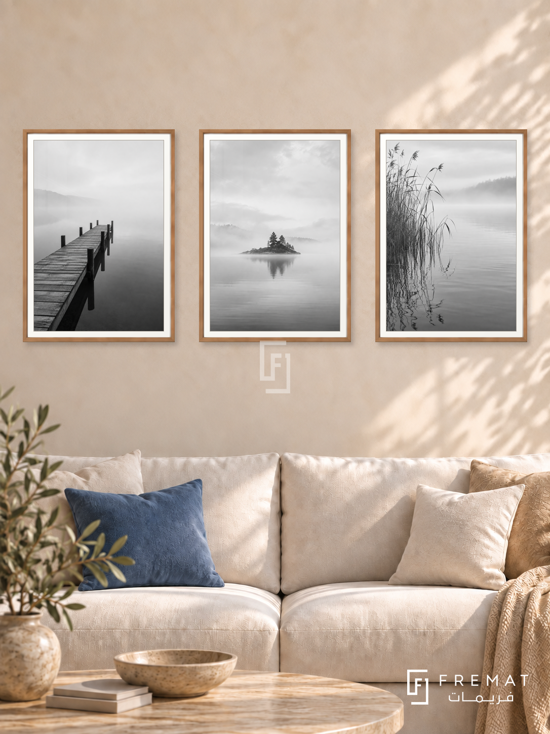 Quiet Horizons — set of three complementary black and white artworks in Wooden Texture frames, shown at 50×70 cm each.